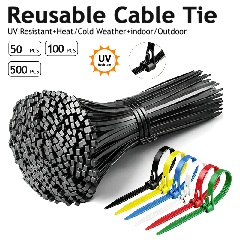 50pcs/500pcs Plastic Reusable Nylon Cable Zip Ties May Wrap Straps Slipknot Loose Organizer Detachable for Cable Management