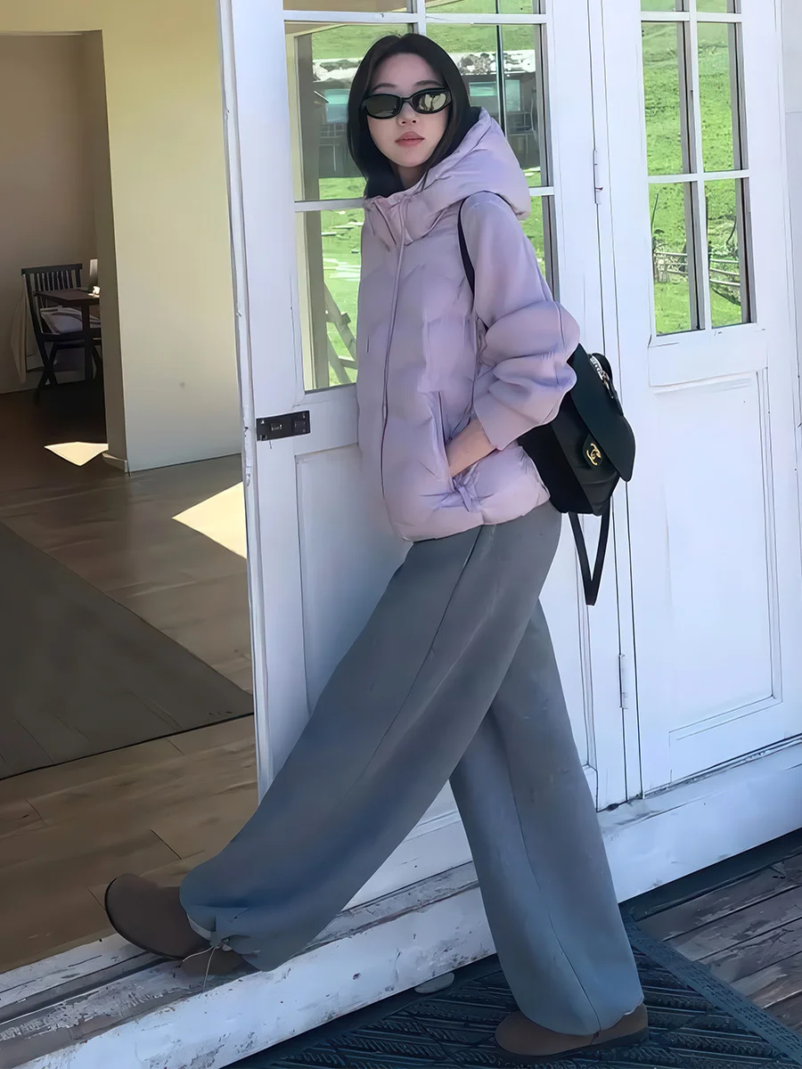 Jaet ligero con capucha para exteriores para mujer, abrigo con cremallera púrpura cálido con plumas blancas, ort 90, corte holgado informal