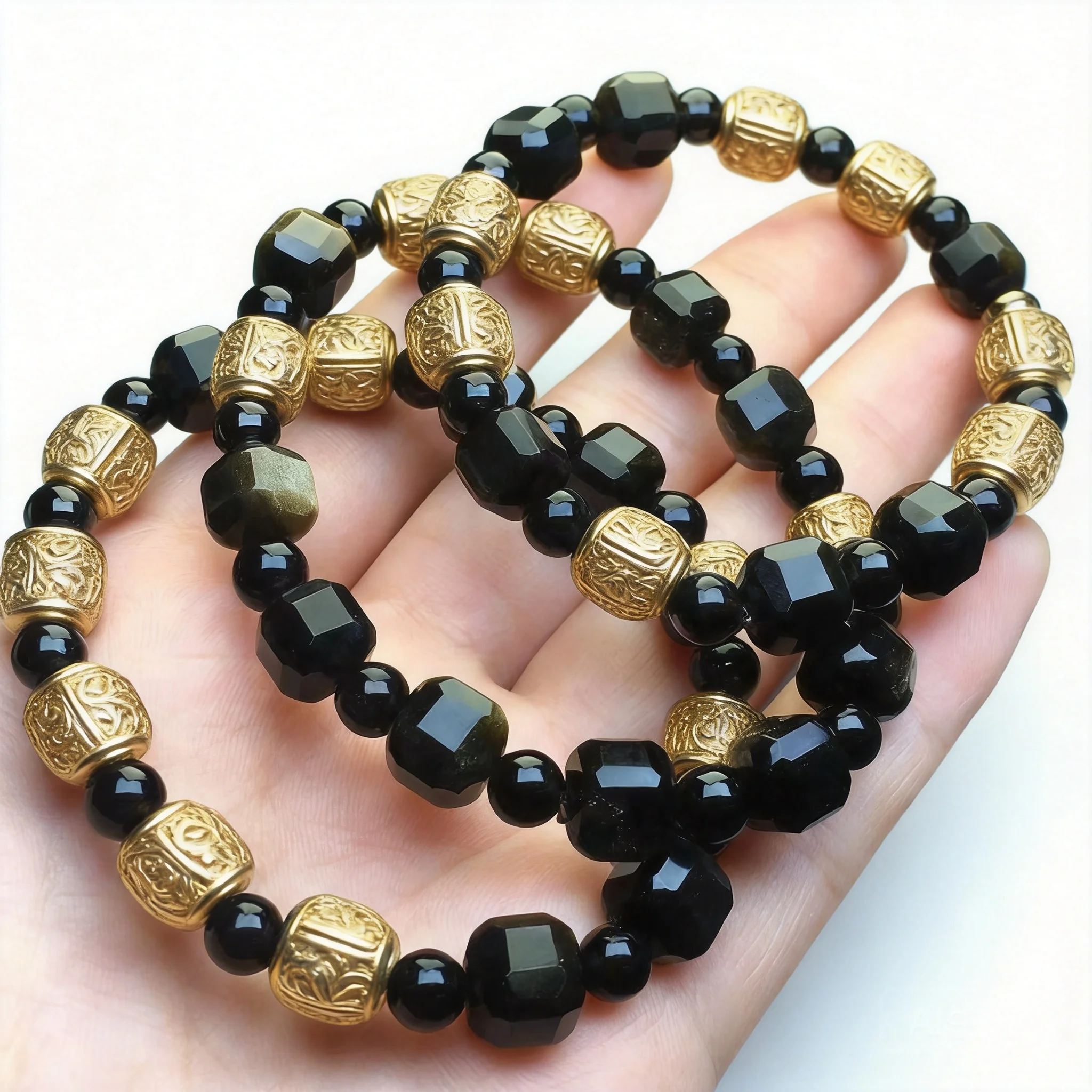 Chinese Style Lucky Golden Silver Ice Obsidian Sugar Cube Beaded Bracelet Natural Crystal Energy Feng Shui Fortune Attracting
