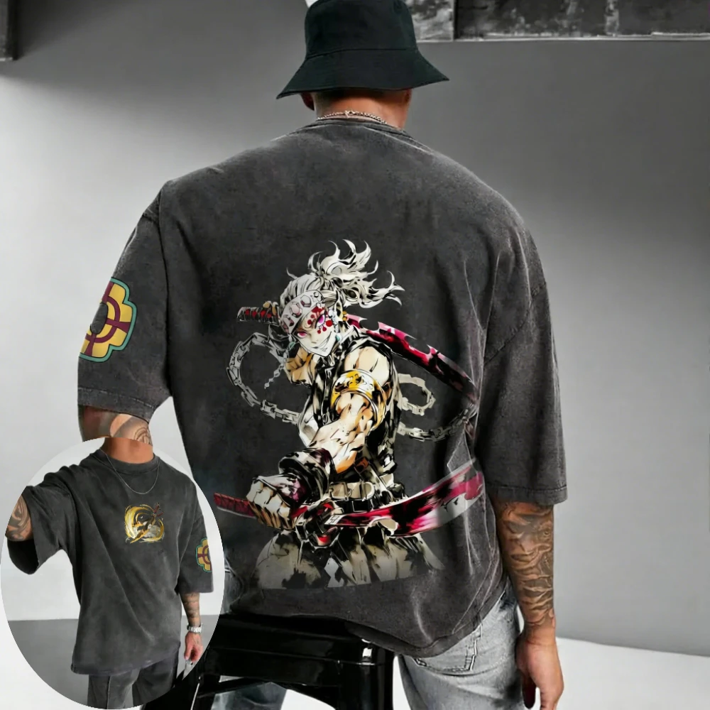 Demon Slayer Herren- und Damen-T-Shirt im Used-Look, Tengen Uzui, Sommer und Frühling, neues Anime-Trend-T-Shirt, Retro-Distressed-Shortsleeve