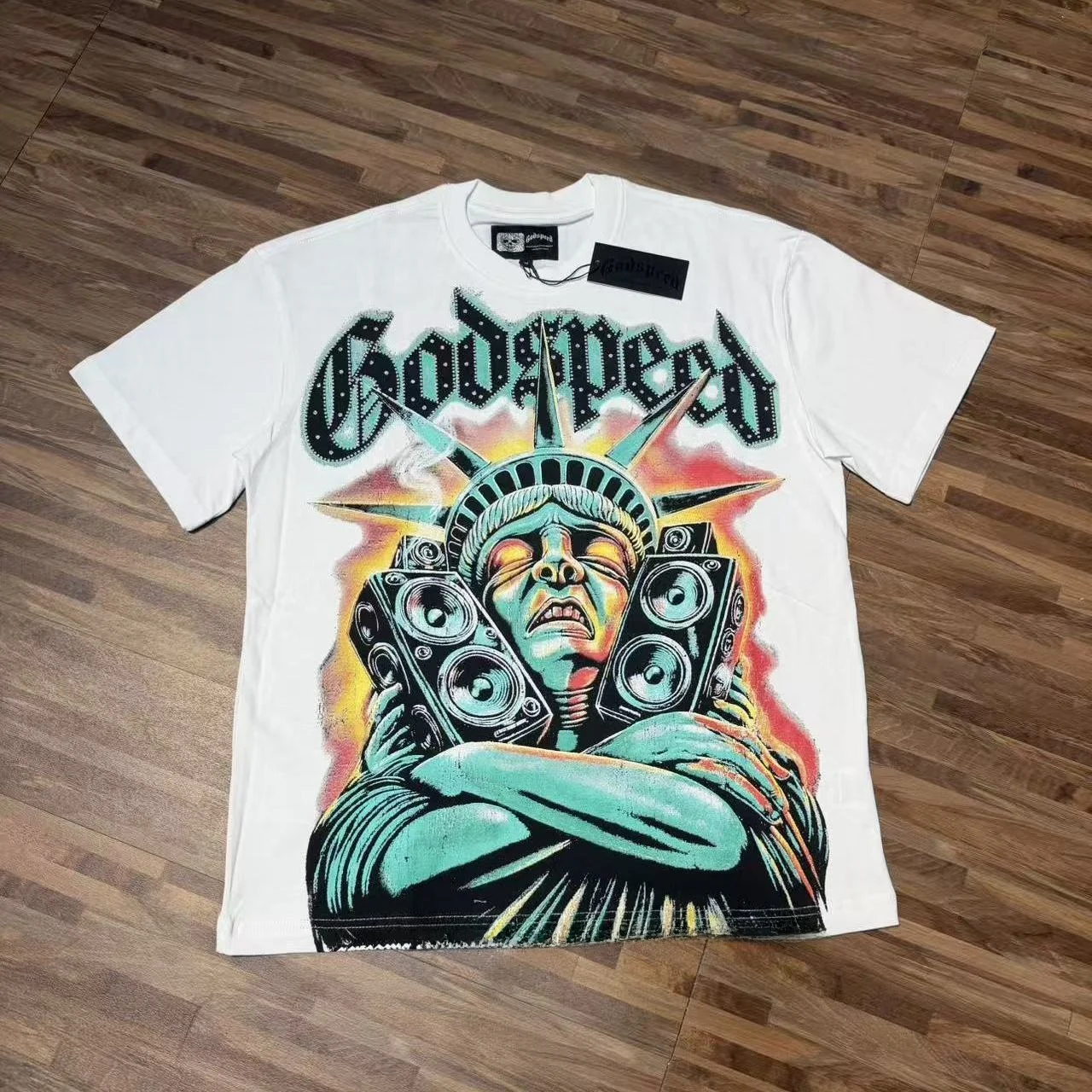 Godspeed Rock Statue Print Ins Retro High Street Hip Hop Loose round Neck Pure Cotton Short Sleeve T-Shirt Youth Fashion Stre...