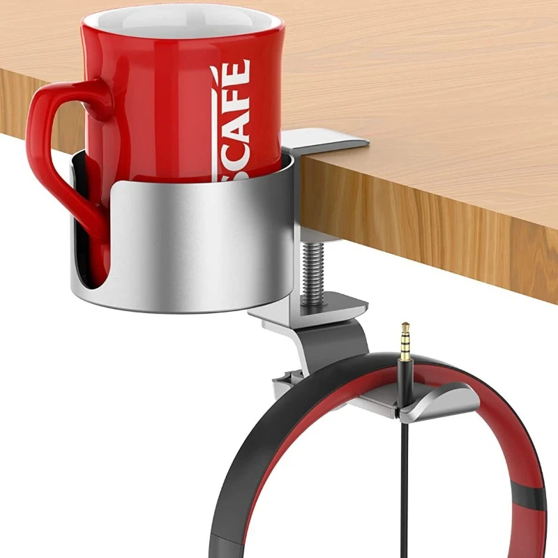 Premium Rotating Cup Holder Aluminum Desk Mount with Headphone Hook, 360° Swivel, Space-Saving for Home Office & Gaming Setup