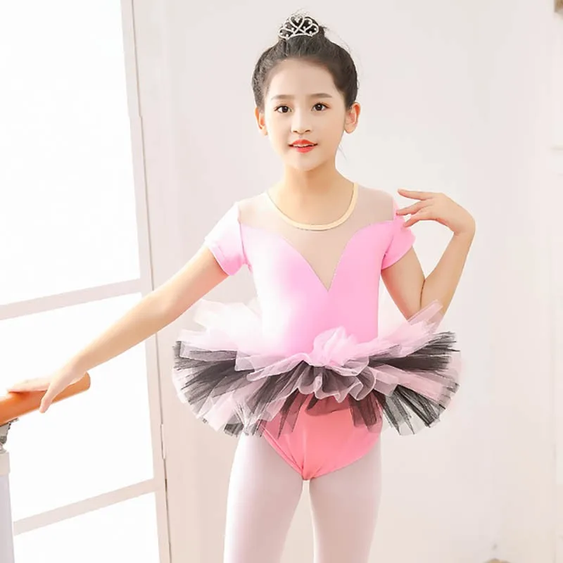 Summer Girls Cotton Short Sleeve Ballet Leotards With Tutu Skirt Body Suit Outfit Set Dancing Dress Gymnastic Costumes Suits Kid