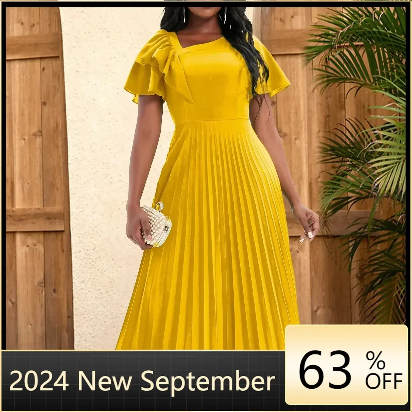 

Women Pleated Midi Dresses Short Sleeve Ruffles Elegant Green Yellow A Line Spring Summer Chic Fashion Gown Party Birthday Robes