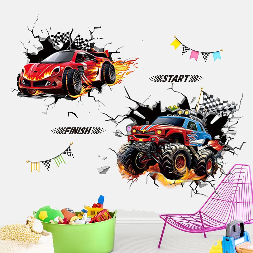 3D Racing Car Wall Decals for Kids Room Monster Truck Break Through Wall Sticker Peel Decal for Baby Boys Bedroom Playroom Decor view 5