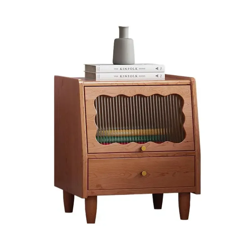 Retro solid wood Changhong glass bedside table, bedroom simple style household small apartment locker