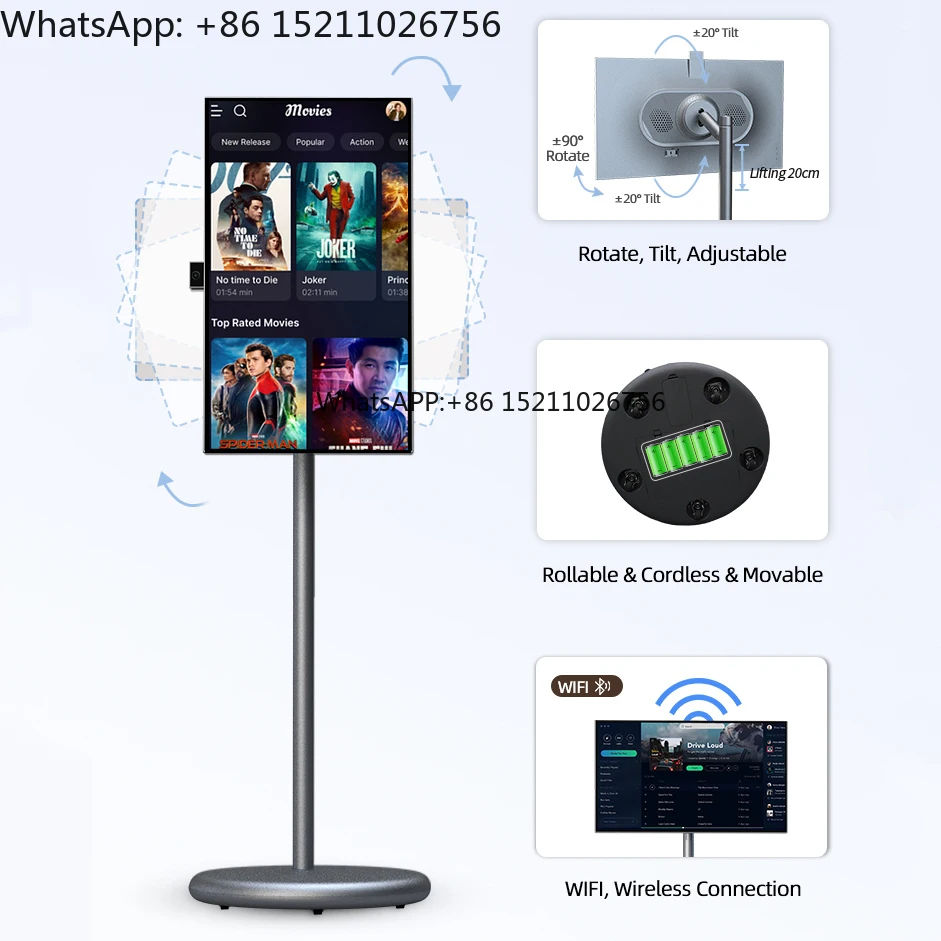 2025 New Stand Portable Tv for Indoor Android 15 Mobile Smart Tv on Wheels OFD 27 Inch Portable- With Battery
