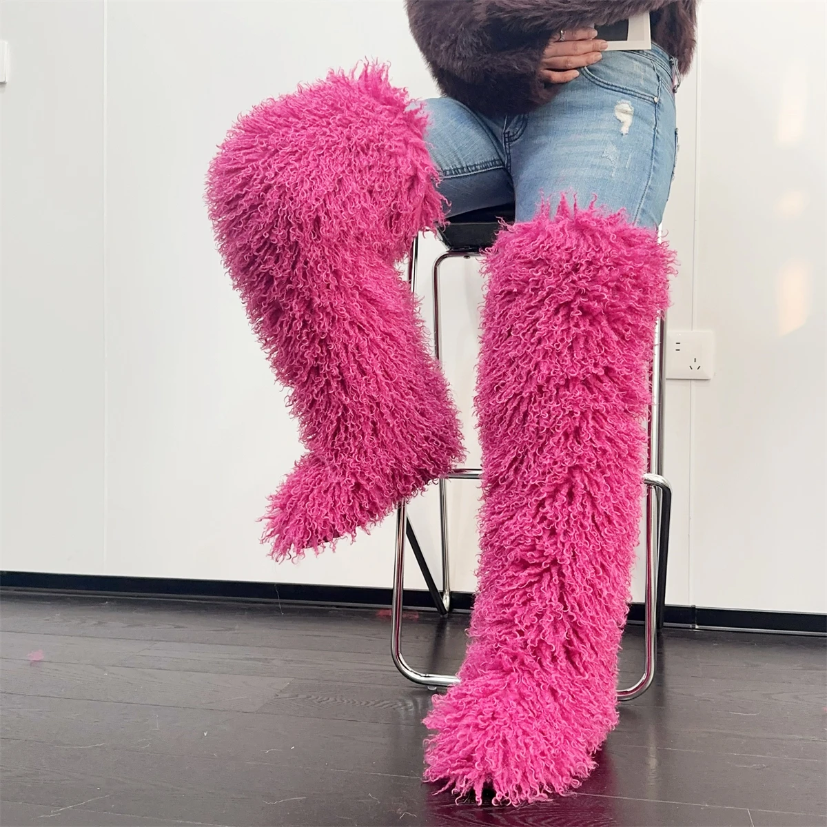 

Womens Faux Mongolian Thigh Highs Faux Fur Boots Winter Warm With Fur Inside