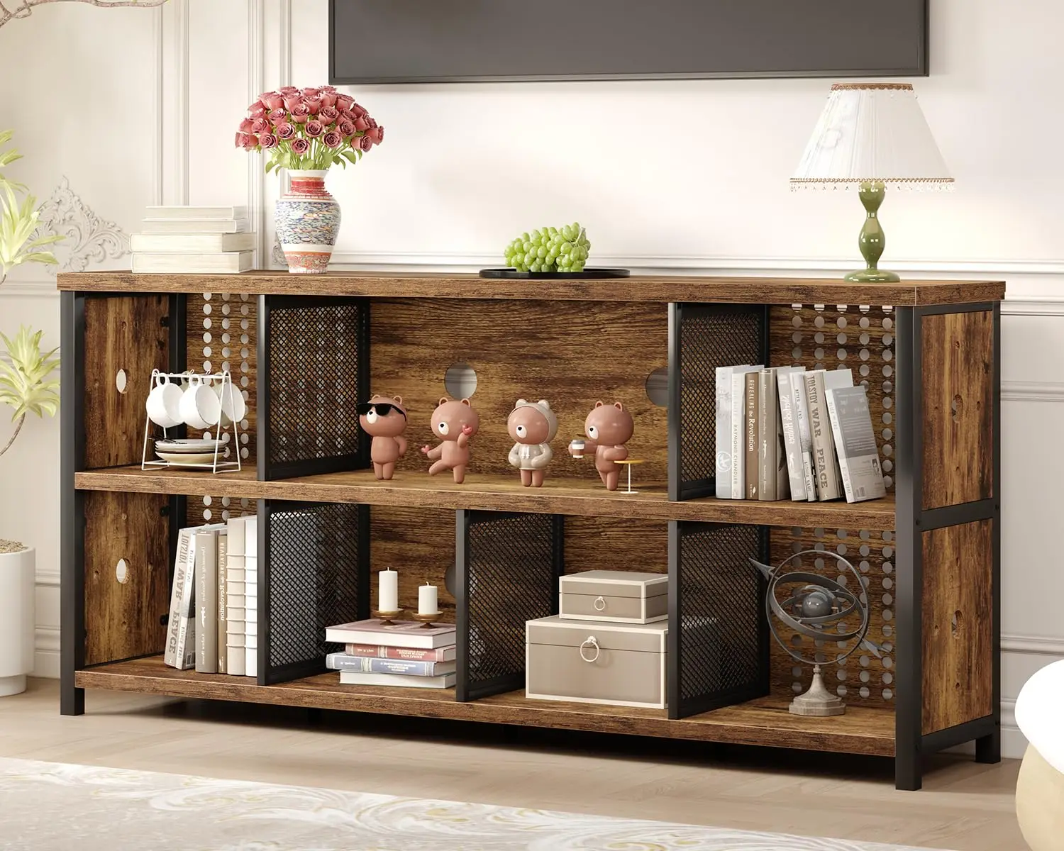 Industrial Wood Bookshelf 63 Inch Horizontal Storage Display Unit Rustic Brown, Customized