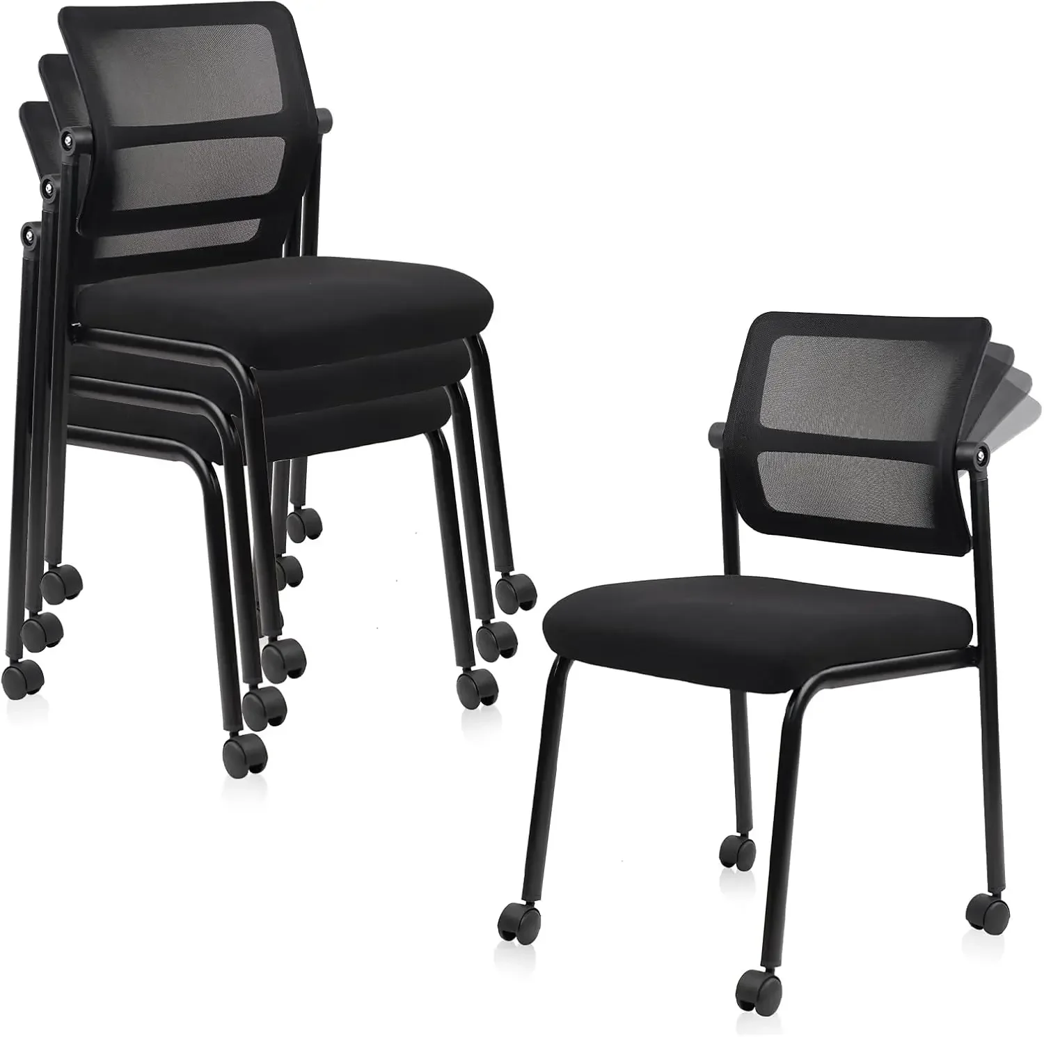 4PK Mesh Stacking Office Desk Chairs with Wheels, Portable Stackable Bulk Waiting Room Armless Chair with Adjustable Back & Fabr