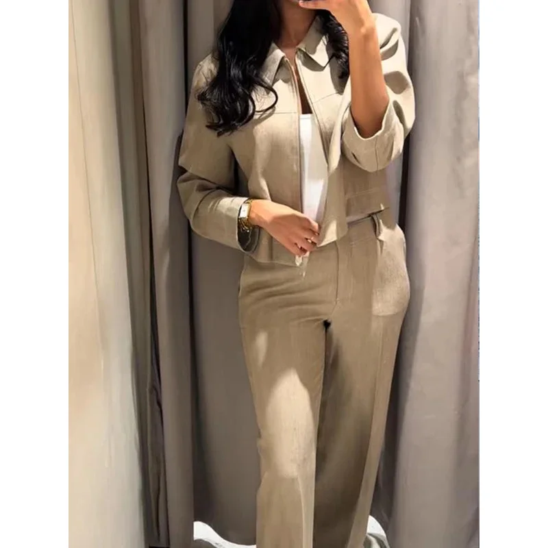 

Bonny Casual Jacket Pant Sets Women Button Long Sleeve Cropped Top ipper Pleat Straight Trousers Spring Fall Lady 2 Piece Outfit