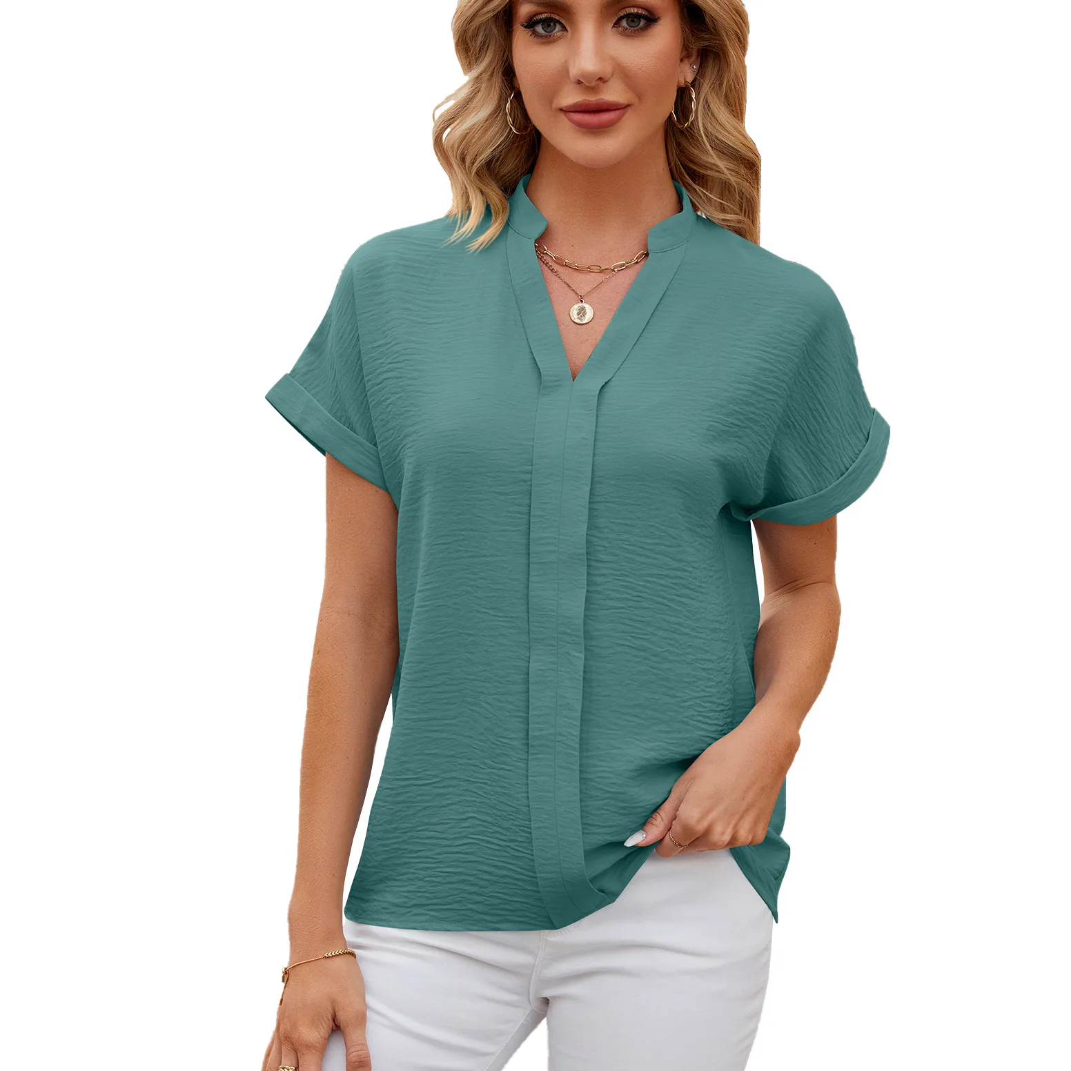 Women's Short Sleeve Chiffon Tops, Solid V Neck, Summer