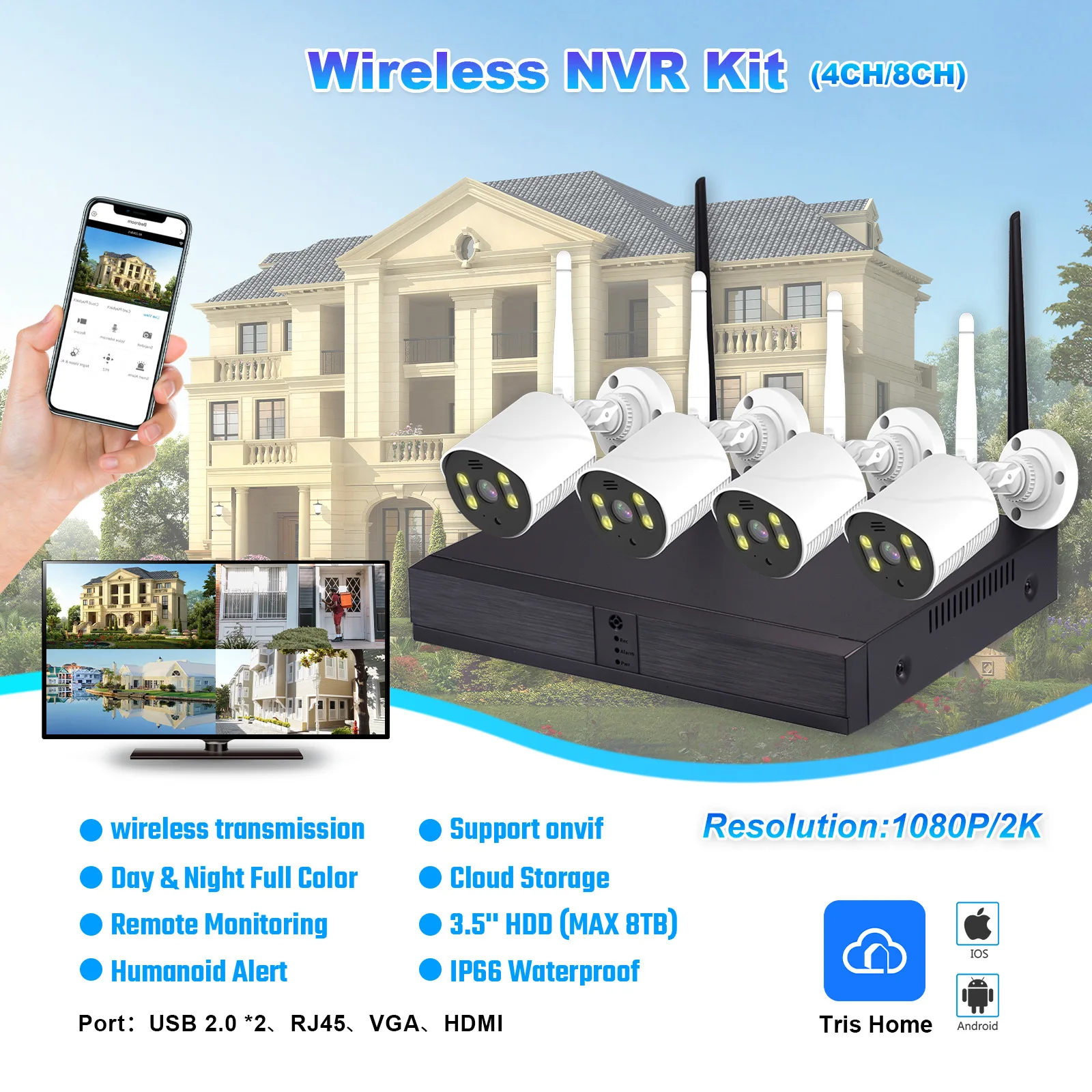 2MP 3MP WiFi CCTV System NVR Security Camera System Two Way Audio Outdoor Wireless IP Cameras Video Surveillance Dvr Kit