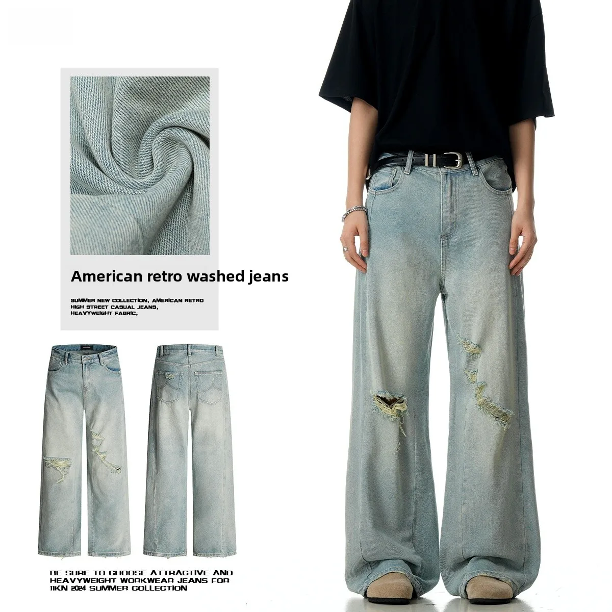 

American Retro Ice Clear Blue Straight Leg Jeans Men Women Loose Slim Drapey Wide Leg Casual Cotton Denim mid Waist Long Trou...