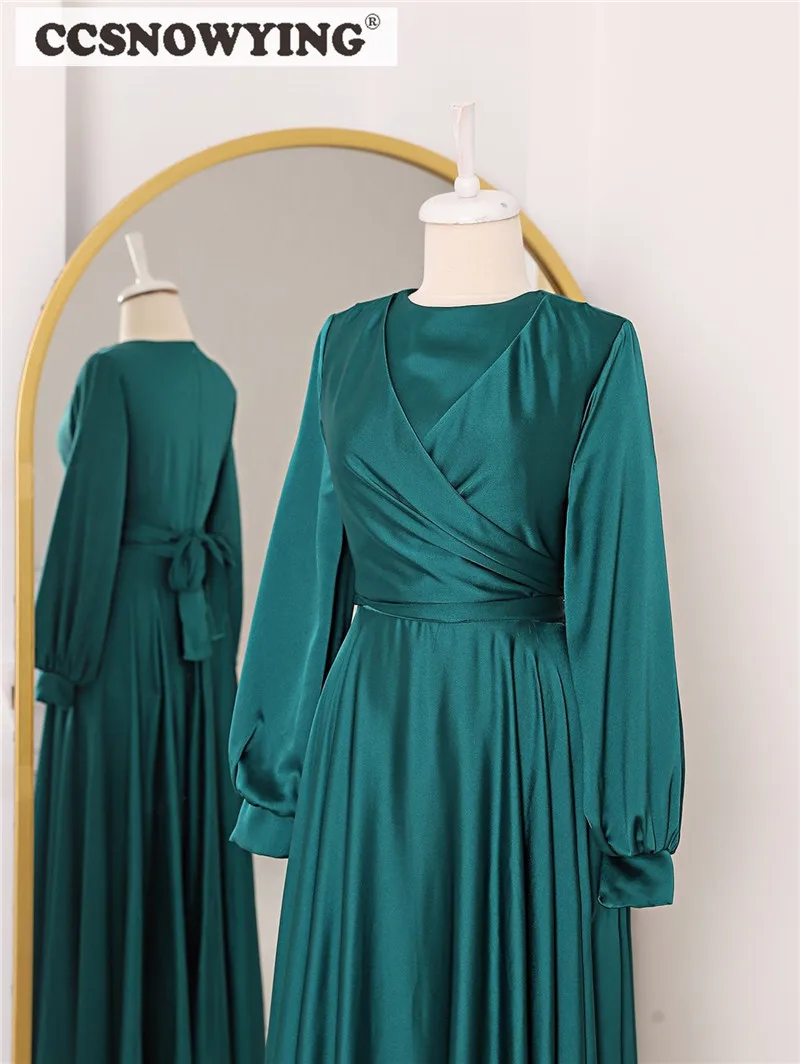 Teal Satin Muslim Evening Dresses Long Sleeve Islamic Formal Party Gown Women Prom Dress Scoop Neck Robe De Soiree