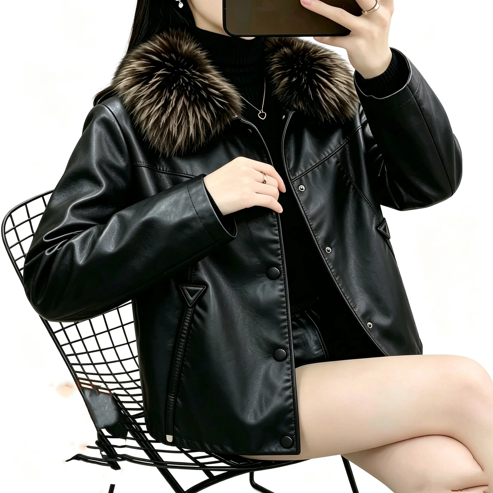 Women Faux Leather Jacket Detachable Faux Fur Collar Long‑Sleeve Short Coats Casual Warm Outerwear Fashion New Winter Biker Tops