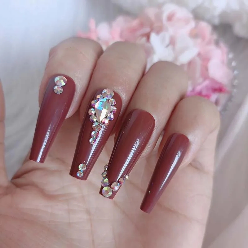 24pcs Luxury jewelry long ballet coffin technique decoration false nails crystal diamond brown