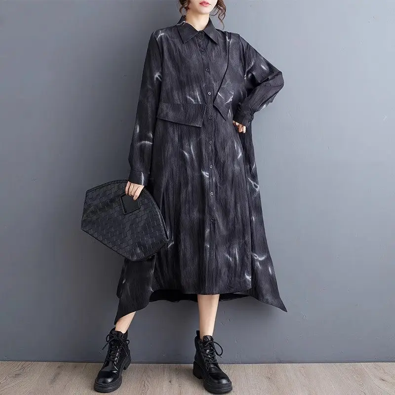 Single Breasted Shirt Dress 2024 Autumn Loose Large Size Artistic Print Irregular Spliced Long Casual Dress For Women K2565