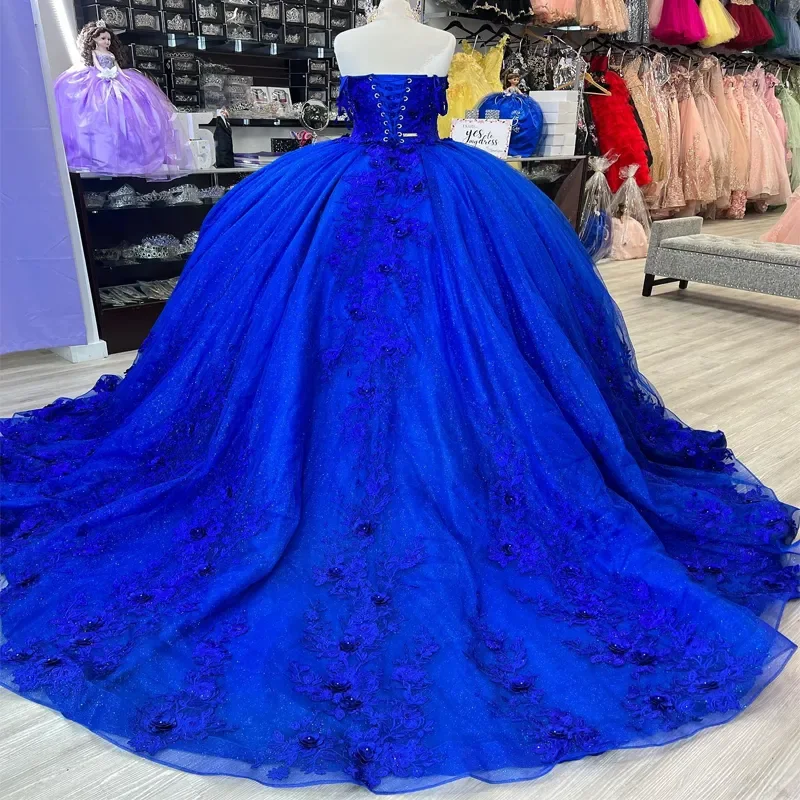 Mexico Royal Blue Ball Gown Quinceanera Dresses For 15 Years old Girl Beaded 3D Flowers Birthday Party Gowns Prom Dresses Hot