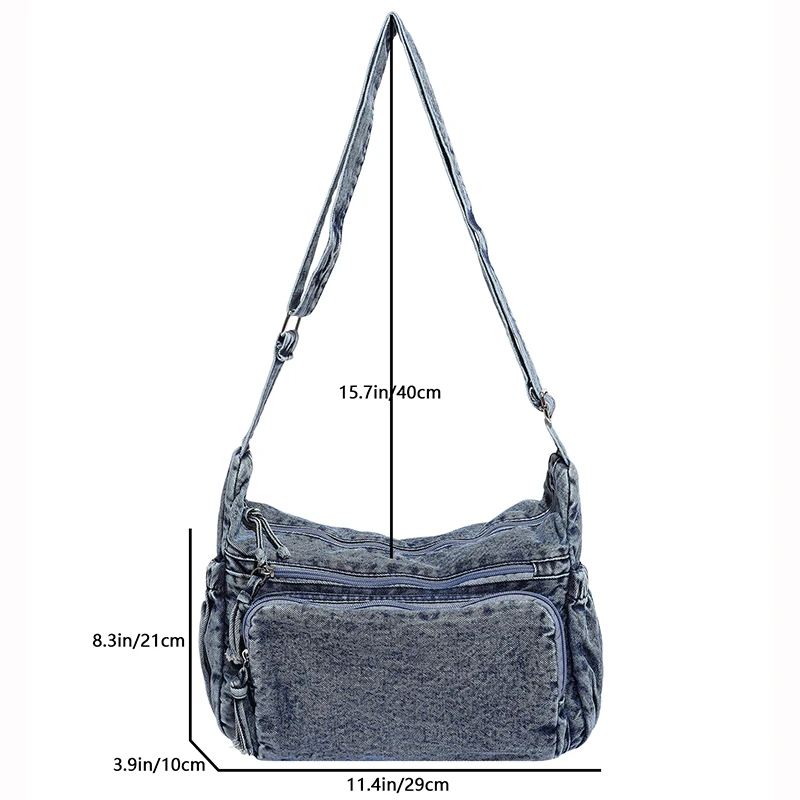 

Vintage Denim Shoulder Bag Women's Large Capacity Messenger Bag Adjustable Strap Ladies Crossbody Bag Multi-pockets Satchel Bags