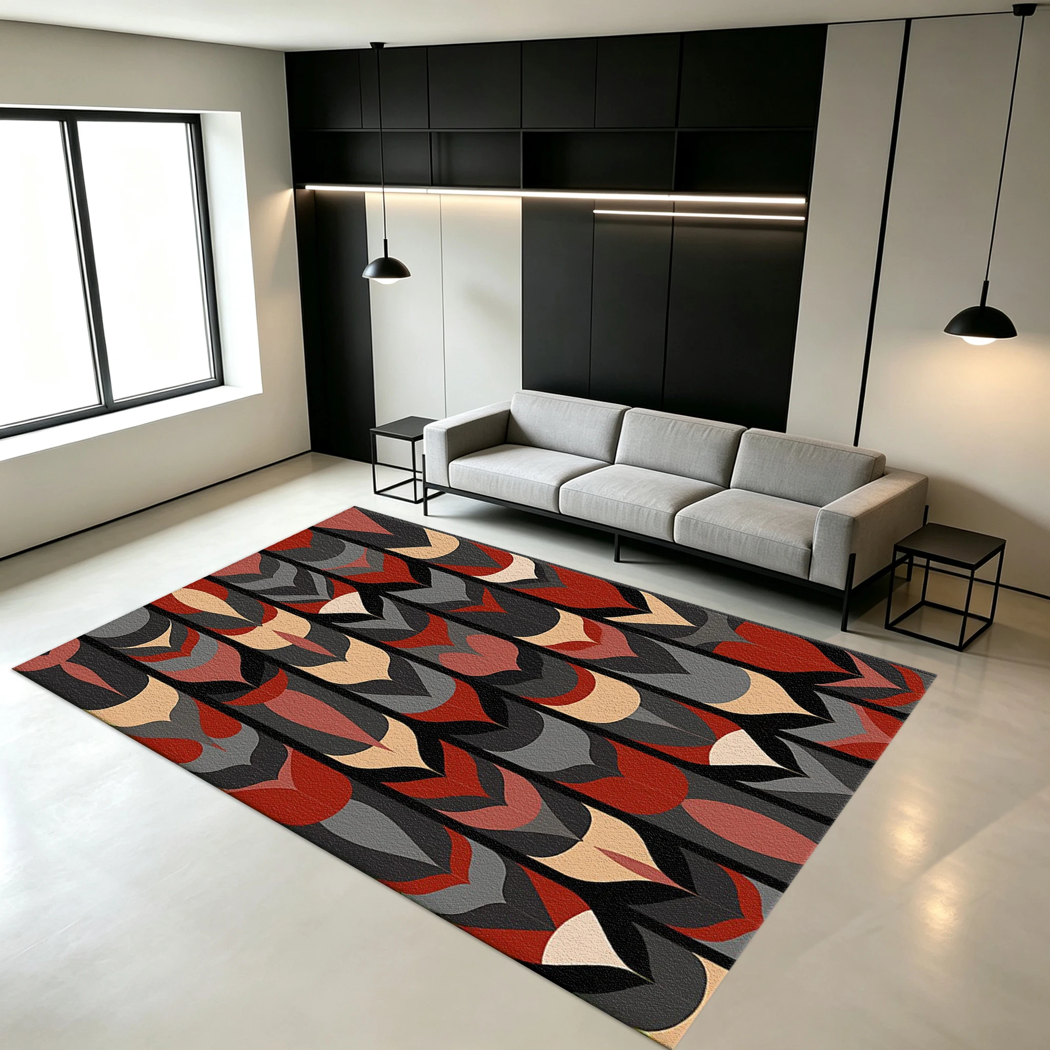 Red, Black, and Beige Retro Geometric Striped Carpet Floor Non-Slip Mat