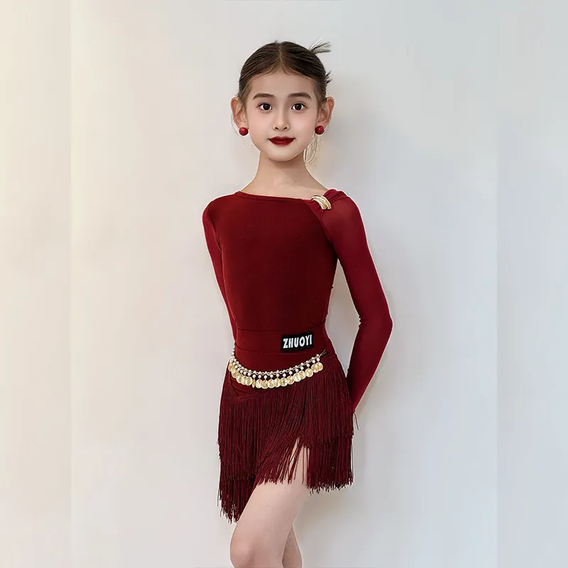 

Children's Latin Dance Performance Costume Set X-Shape Mesh Patchwork Long Sleeve Burgundy Tassel Skirt for Art Exams Dancewear