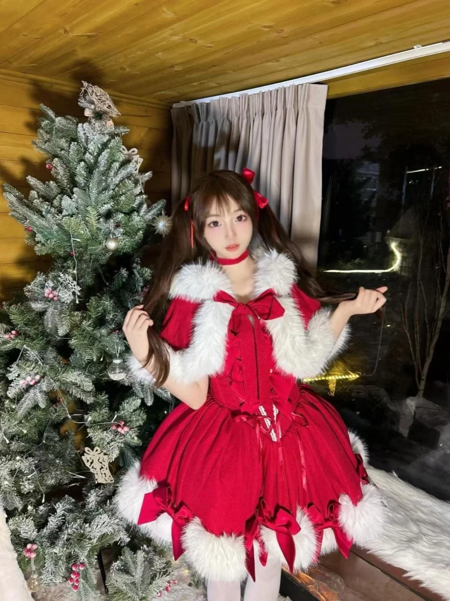 

Christmas Theme Sweet Princess Lolita Skirt with Red Fur Collar Hooded Coat And Puffy Skirt Two-Piece Set for Women 18-25 Yea...