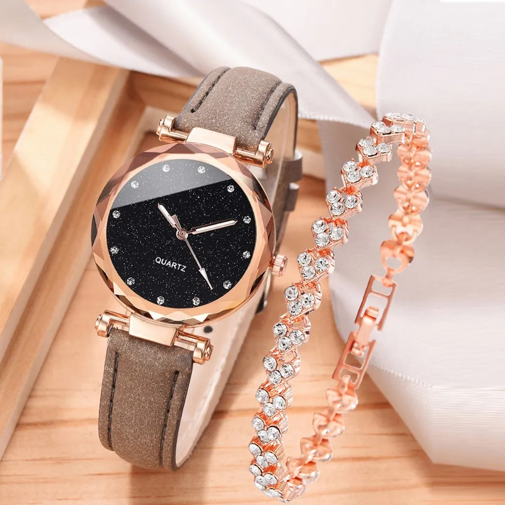 2pcs Luxury Fashion Women Watch Set PU Leather Strap Ladies Quartz Wristwatch Rhinestone RoseGold Alloy Bracelet For Ladies Gift