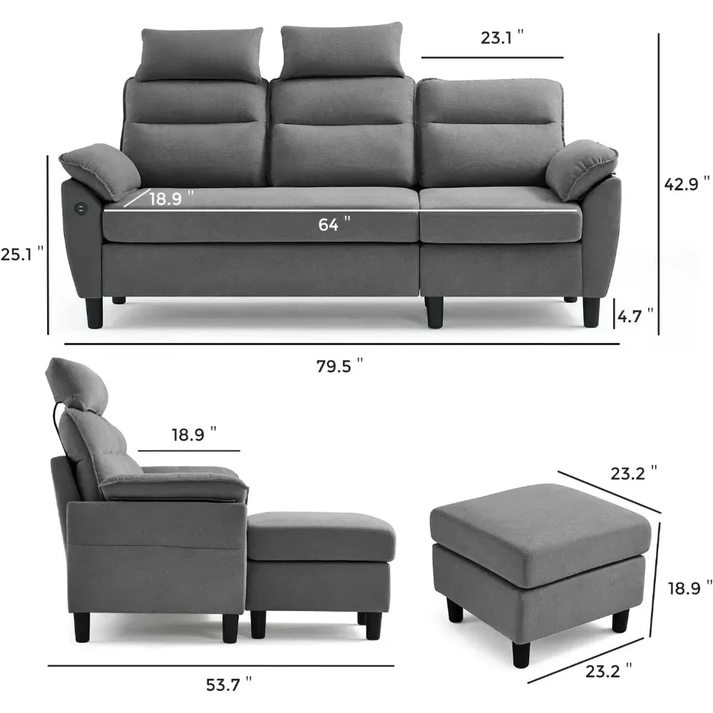 Convertible Sectional Sofa Couch 3 Seat L Shaped Sofa with USB Ports and Storage Bags Perfect for Small Living Room