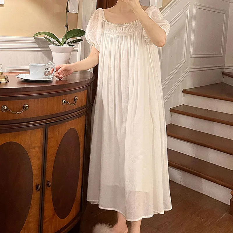 Women French Style Vintage Nightgown Princess Sweet Embroidery Long Nightdress Summer Short Puff Sleeve Cotton Sleepwear Nightie