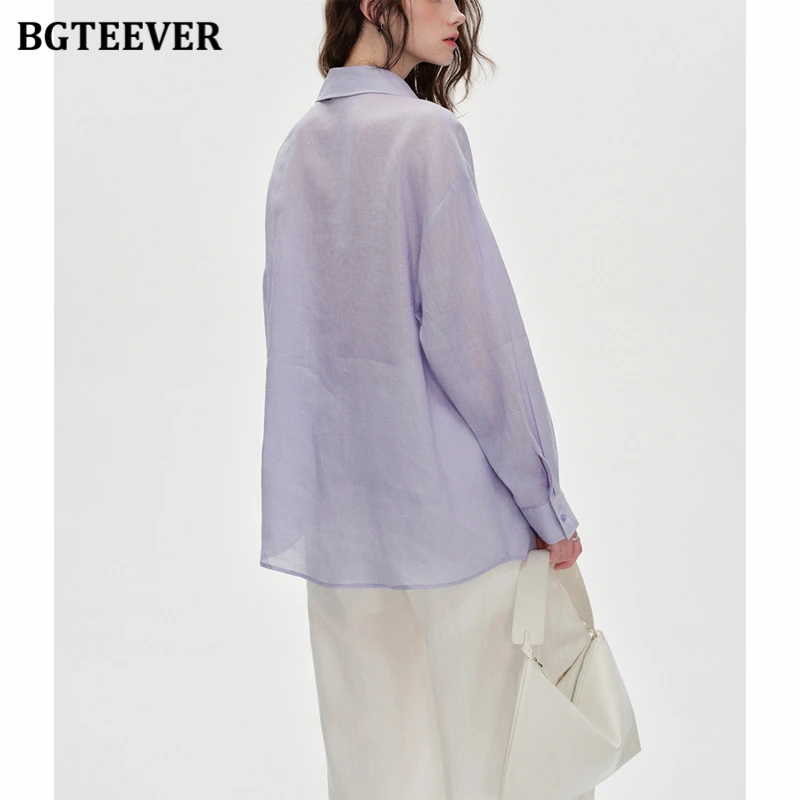 BGTEEVER Casual Pocket Embroidery Linen Shirt for Women, Relaxed Fit Long-sleeve Sun-protective Top