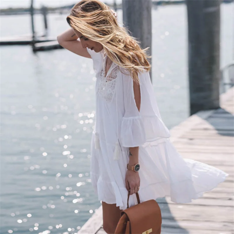 Verão sexy curto vestidos de renda banho feminino maiô praia bikini cover ups casual solto protetor solar vestido babado