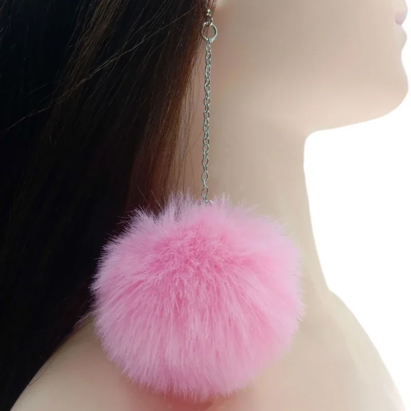 Fashion Red Black Plush Ball Drop Earrings For Women Long Tassel Dangle Earrings fox fur big ball Statement Jewelry