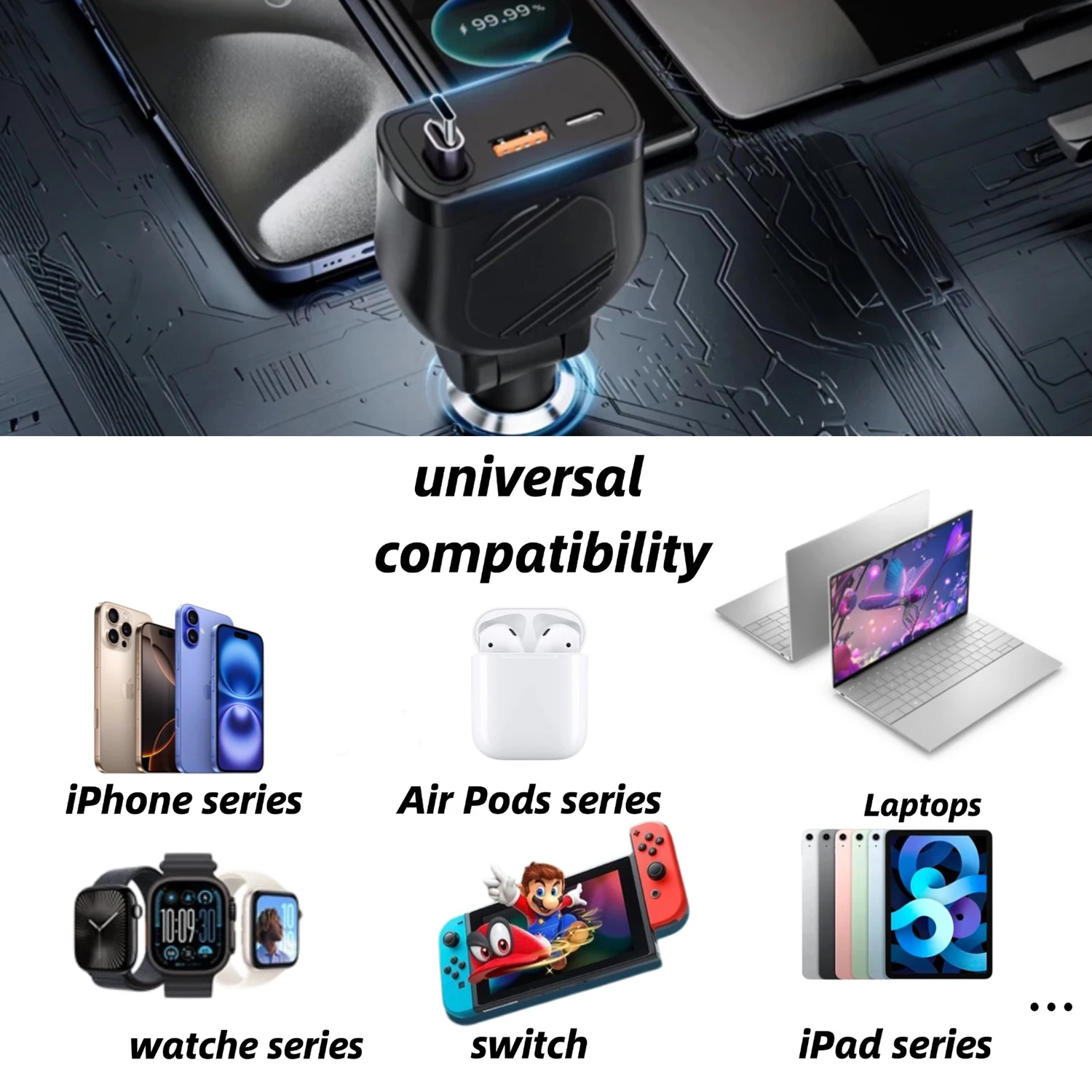 PD30W 120W Car Charger Retractable Car Cigarette Lighter Adapter USB Type C Fast Charger Cable For IPhone Xiaomi Huawei Samsung