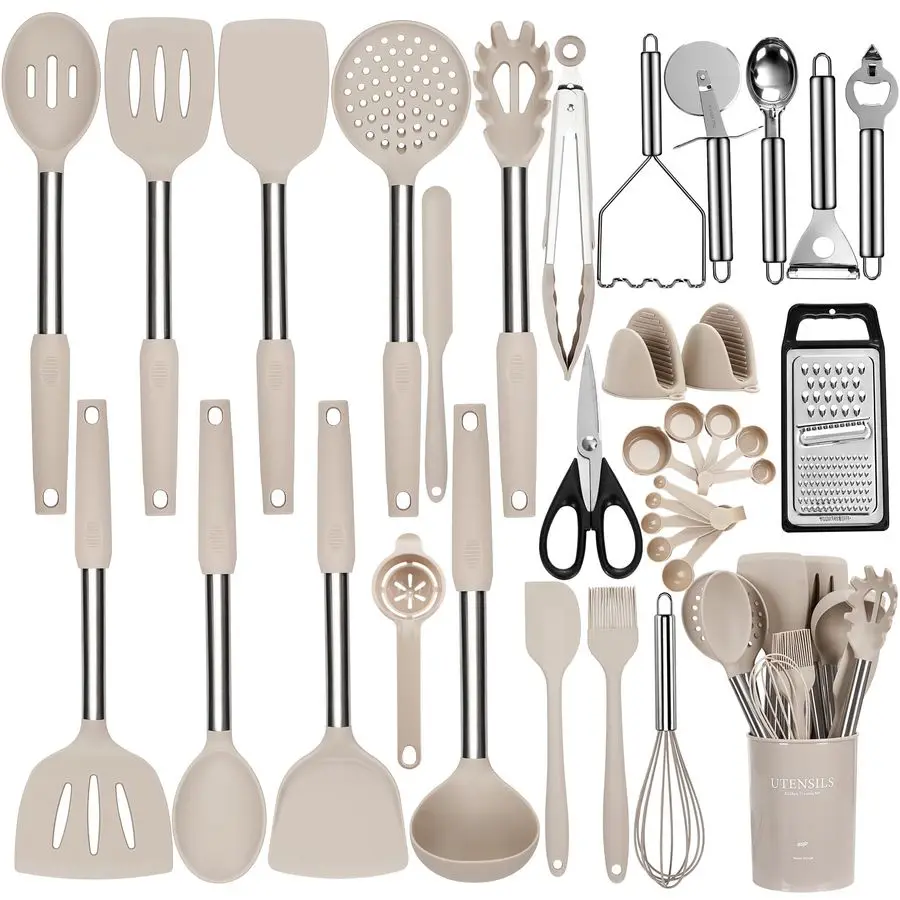 

Cooking Utensils Set, 35 Pcs Kitchen Utensils Set with Holder, with Stainless Steel Handle Spatula Set, Spoons, Pasta Server, Ch