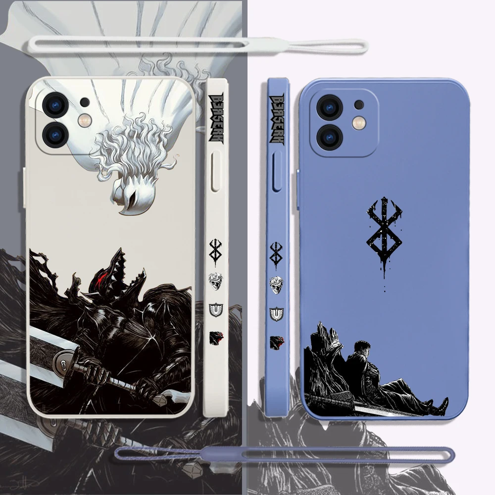 Berserk Guts Anime Phone Case For iPhone 15 14 13 12 11 Pro Max Mini X XR XS MAX SE20 8 7 6S Plus Silicone Cases with Hand Strap