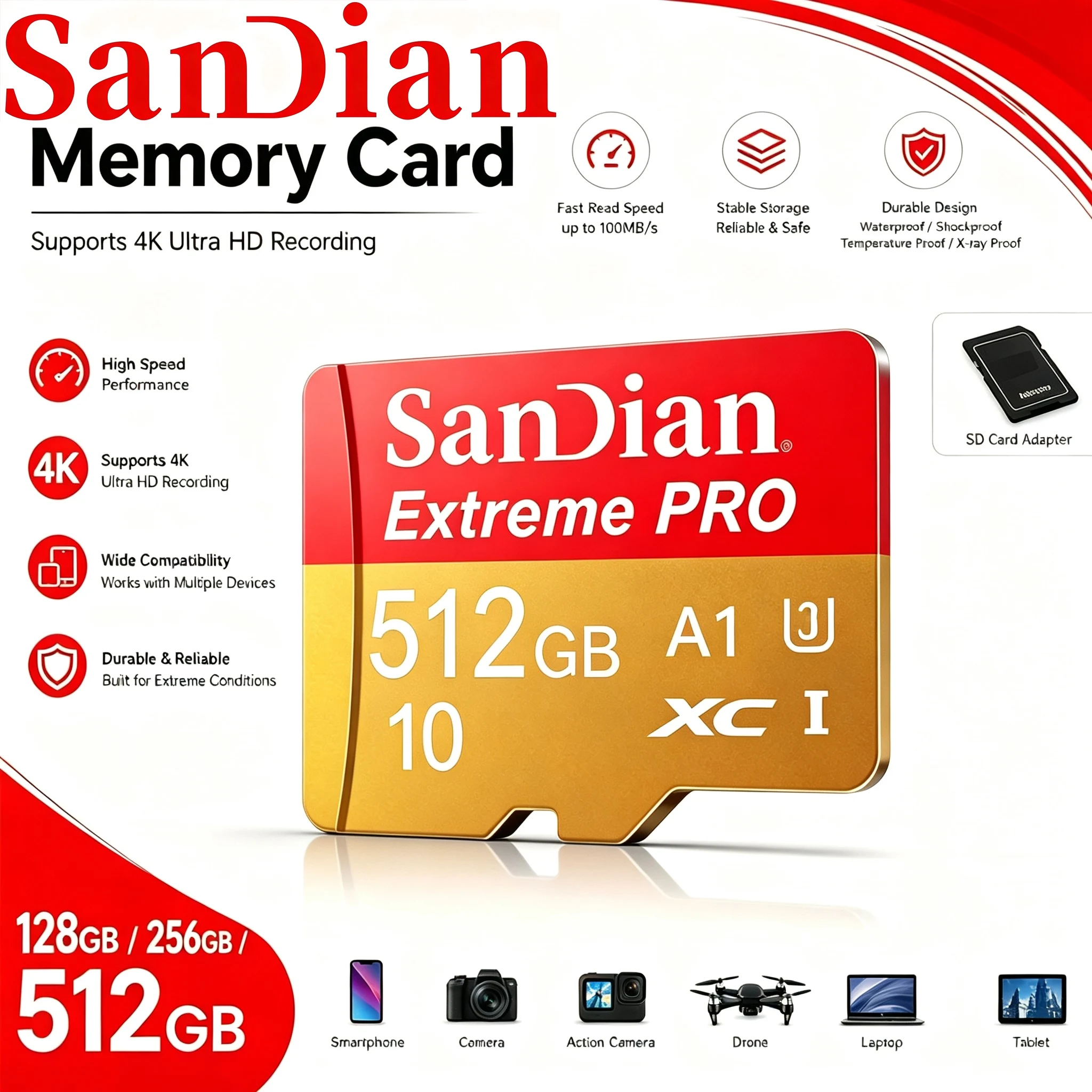 Full HD TF Cards Memory Card SD Cards Micro TF SD Card 64GB 256GB 128GB High Transfer U3 Waterproof for Camera Smartphone