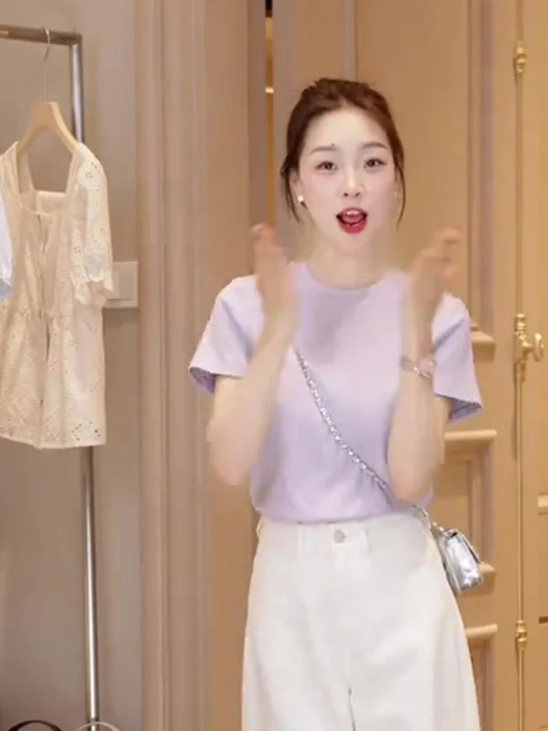 

Женская повседневная комфортная футболка Ou Xiaoqi с коротким рукавом, пастельно-фиолетовая, антивозрастная, летняя, новая, для ежедневной носки, с круглым вырезом