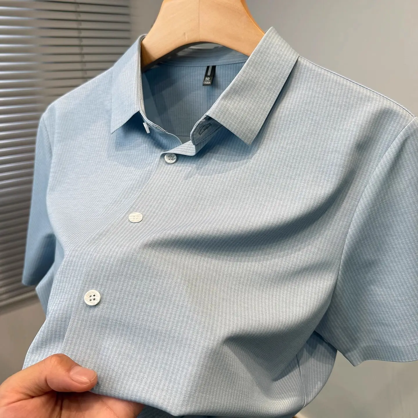 Premium Ice Silk Men's Shirt Casual Short Sleeve Striped Business Commute Style Comfortable Cool Feeling Summer New Arrival