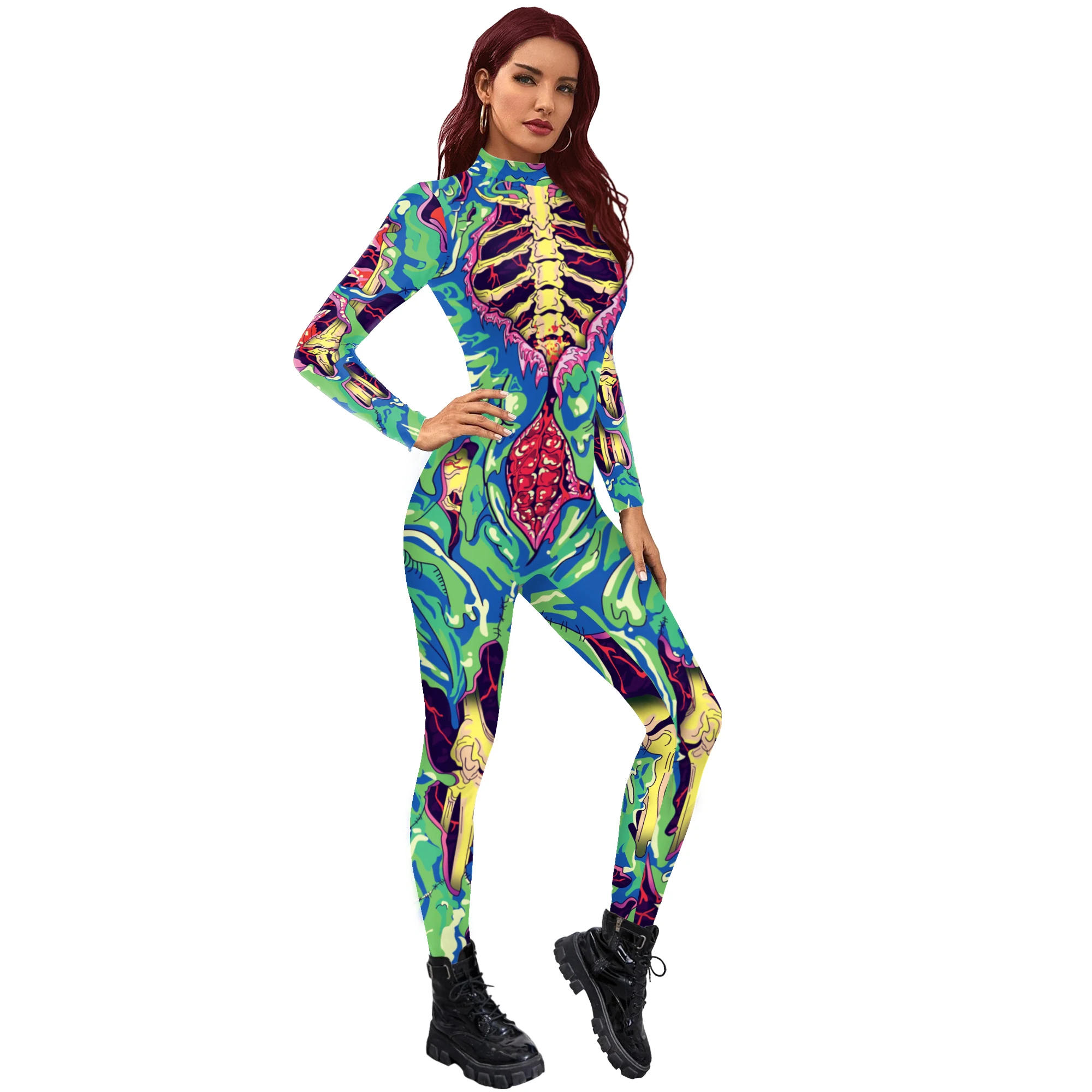 Fantazyjny szkieletowy kombinezon damski kostium Cosplay na Halloween gotyckie body zielony karnawałowy strój dla dorosłych Zentai kombinezon Spandex pajacyki