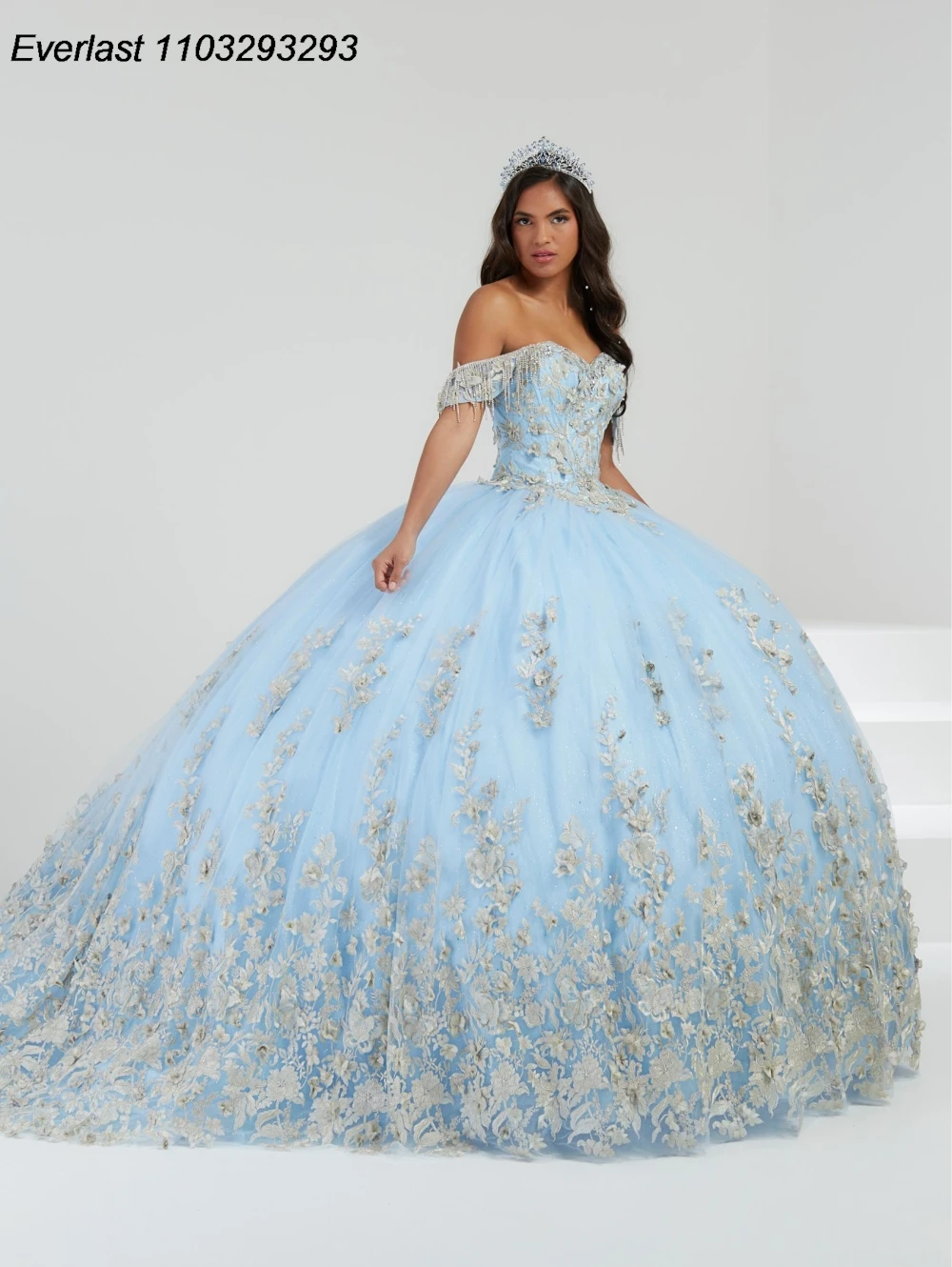 EVLAST Customized 2025 Sky Blue Quinceanera Dress Ball Gown Gold Lace Applique Beaded Corset Sweet 16 Vestido De 15 Anos E1Q36