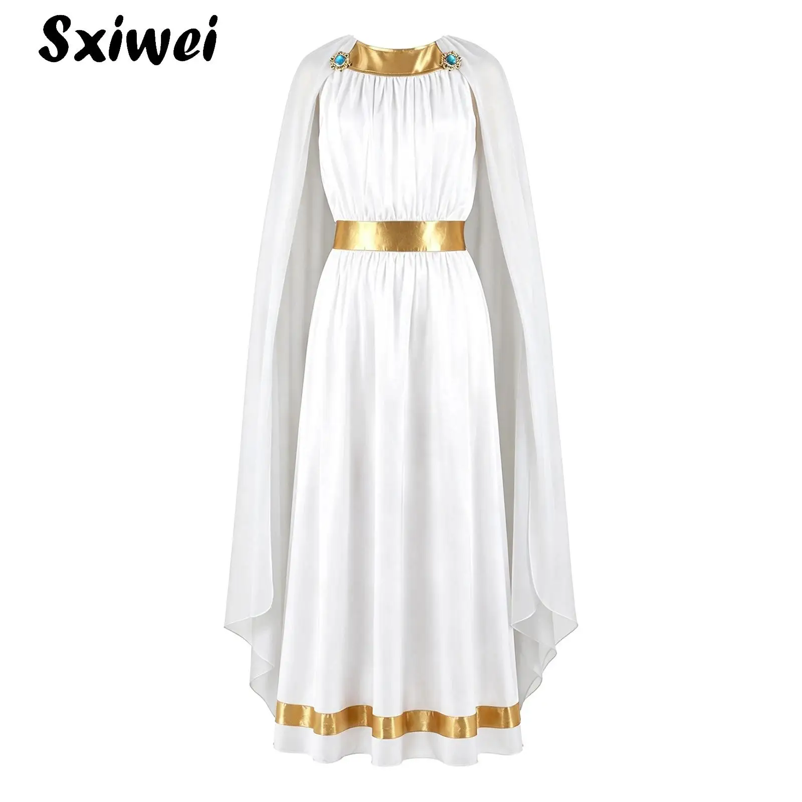 Girls Athena Costume Greek Princess Ancient Roman Robe Toga Sleeveless Metallic Trim Shawl Cape Dress Halloween Party Dress Up