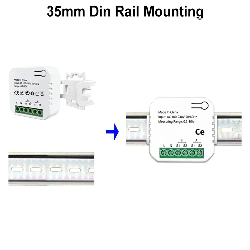 WIFI Bidirectional Energy Meter, 2 Channels, Clamp Current Sensor, Tuya Smart App Monitor, Power 80A, 110V, 240V, 50Hz, 60Hz
