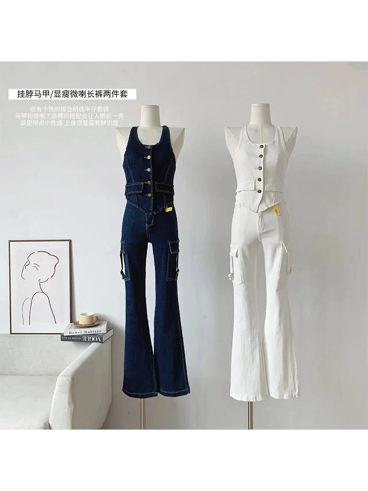 

Women Pants Sets Vintage Off Shoulder Cowboy Crop Top and White Jeans Y2k Elegant Harajuku Two Piece Set Suit 2000s Clothes 2024