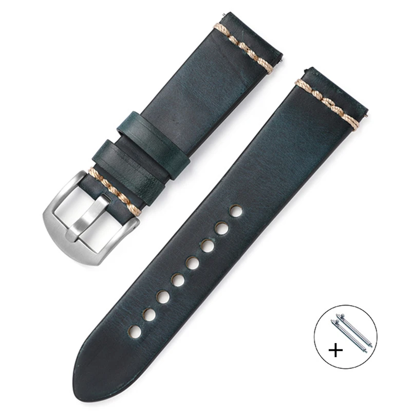 Watch Strap 20mm 22mm Retro Oil Wax Cowhide Quick Release Bracelet Silver Buckle Black Buckle Smart Watch Accessories Band