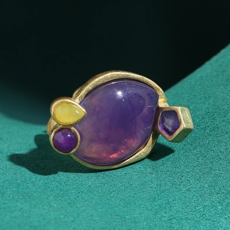 

Large Purple Glaze Ring Vintage Alien Fish Shape Retro Designer Jewelry Antique Gold Color Luxury Female 2026 Valentine Day Gift