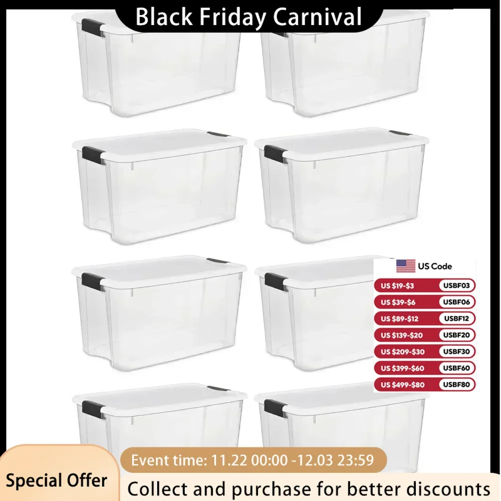 70 Qt High-capacity Stackable Storage Bin with Latching Lid, Organize Clothes Sport Gear in Basement Clear with White Lid 8-Pack