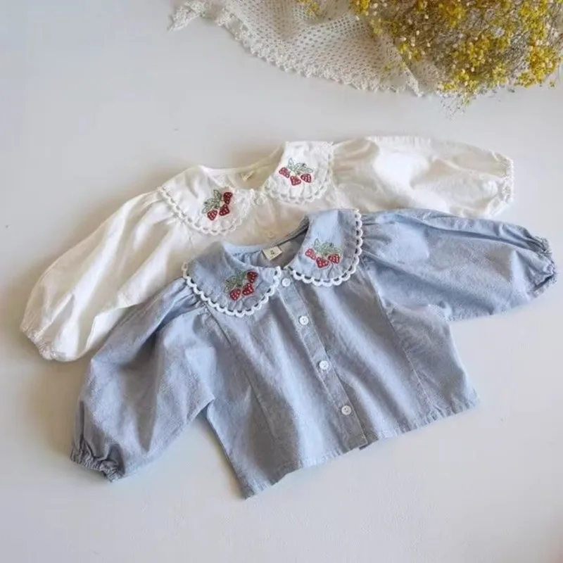 Girls' Shirt New Doll Collar Top Children's Embroidered Spring and Autumn Long Sleeve Western Style Collar Shirt 1-5Y