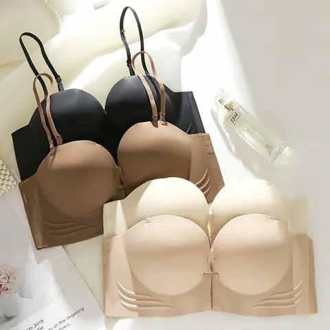 FINETOO 프론트 클로저 섹시한 푸시 업 브래지어 여성 보이지 않는 브래지어 속옷 란제리 여성 브래지어 Strapless Seamless Bralette
