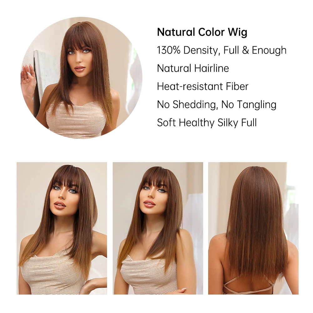 Medium Brown Copper Straight Synthetic Hair Wigs with Bangs Cosplay Daily Blunt Cut Layered Hair for Women Afro Heat Resistant